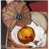 Image 1 : 12) BOX W/ DECORATIVE CAULDRON, POTTERY BOWL, AND