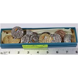 BOX OF ALBERTA CREST PINS.