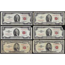 Lot of (4) 1953 $2 and (2) 1953 $5 Legal Tender Notes