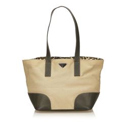Prada Beige Tan Canvas Olive Green Leather Tote Shoulder Bag