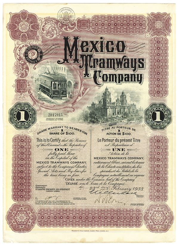 Mexico Tramways Co 1933 Issued Stock Certificate
