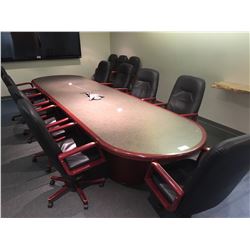 MAHOGANY INLAYED 18' BOARDROOM TABLE C/W 12 BLACK LEATHER HIBACK CHAIRS AND MATCHING