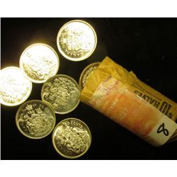 1966 Original Solid Date Brilliant Uncirculated Roll of Canada Silver Half Dollars. All .800 fine si