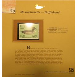 2002 Massachusetts Waterfowl Stamp $5.00, Mint Condition in plastic sleeve with literature, unsigned