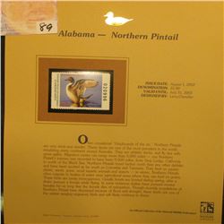 2002  Alabama Waterfowl Stamp $5.00, Mint Condition in plastic sleeve with literature, unsigned. Dep