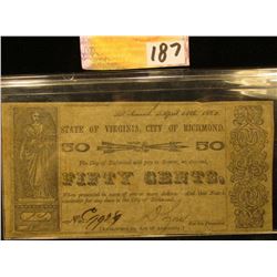 1862 Civil War Richmond, Virginia Fifty Cent Note.