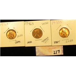 (3) Nice Lincoln Cents: 1935P, 46S, & 55S. All carded & BU.