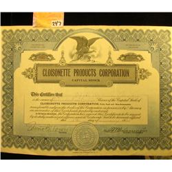 1930 Stock Certificate for 225 Shares of "Cloisonette Products Corporation Capital Stock", upper cen