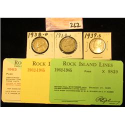 (3) Different "Rock Island Lines" Railroad Passes 1962-1965; 1938 D, S, & 39 S Jefferson Nickels, al