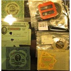 (5) Buckles including one of Mother-of-pearl; several Ohio Sales Tax Stamps; Series of 1875 Twenty-F