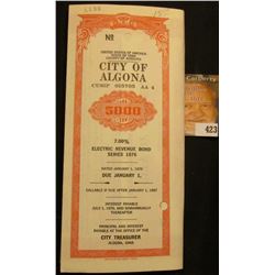 Series 1976 "City of Algona Electric Revenue Bond" $5,000 complete with coupons. Stamped "Specimen".