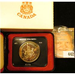 1871-1971 British Columbia encased .500 Fine Silver Dollar in original box of issue. Prooflike.
