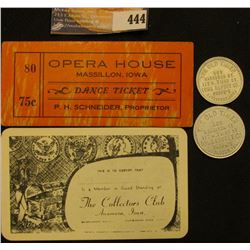 "The Collectors Club Anamosa, Iowa" blank card; "Opera House Massillon, Iowa Dance Ticket Ticket 75c