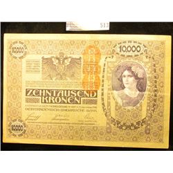 November 2nd, 1918 Austria Ten Thousand Kronen Banknote, near Crisp Unc. 'Doc' Valued this note at $