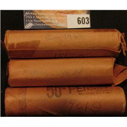 1920P, 1960P, & 61D Solid Date Rolls of Lincoln Cents in paper wrappers.