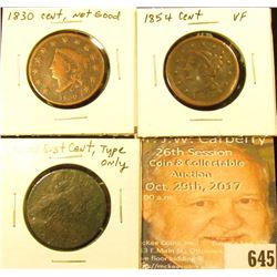 (3) U.S. Large Cents 1830 G, 1854 VF and Draped Bust Type.