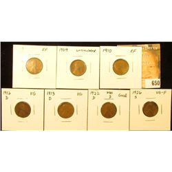 1909 VDB, EF, 09 UNC, 10, EF, 12D VG, 13D VG, 22D G and 26S VG-F Lincoln Cents.