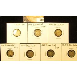 1867 VF Hold, 3-Cent Nickel, 1853 F-VF Holed, 1854 VG Bent, 1854 F Holed, 1857 G Bent, 1861 F-VF Hol