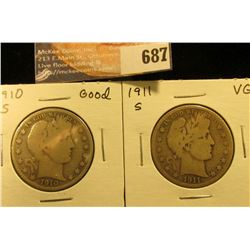 1910 S, G and 1911 S VG Barber Half Dollars