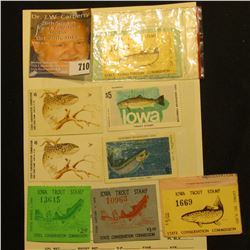 (8) 1970s era "Iowa Trout Stamps", some cut from hunting licenses.