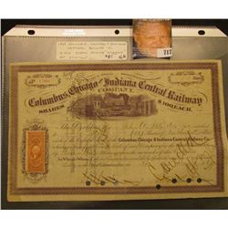 January 30, 1869 Stock Certificate for 50 Shares of "Columbus, Chicago and Indiana Central Railway C
