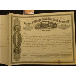 Unissued 1860 era "Galena & Chicago Union Rail Road Company" Stock certificate, depicts steam engine
