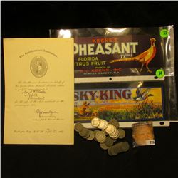 Pair of Fruit Box labels depicting wildlife; a December 21, 1889 acknowledgement from "The Smithsoni