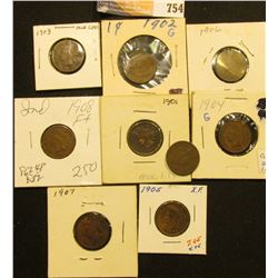 1900-08 (all inclusive) Set of U.S. Indian Head Cents grading up to EF. (9 pcs.).