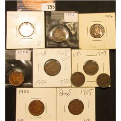 1900-08 (all inclusive) Set of U.S. Indian Head Cents grading up to EF. (9 pcs.).