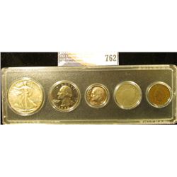 Snaptite case containing 1904 Indian Cent, 1906 Liberty Nickel, 1978S Proof Dime, 1970 S Proof Quart