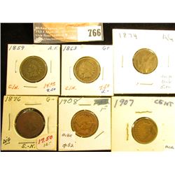 1859 AF, 1863 G+, 1874 AG, 1876 G, 1907 EF, & 1908 F Indian Head Cents.
