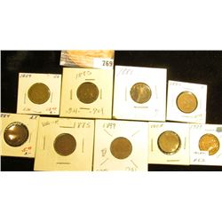 1859 VG, 1880 G, 1881 Fair, 83 F, 84 AF, 85 VG, 99 G, 1908 VG, & 1909 F Indian Head Cents.