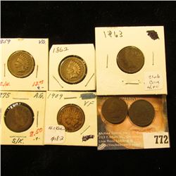 1859 VG, 1862 G, 1863 G, 1875 AG, 1888 damaged, 1891 G, & 1909 F Indian Head Cents.