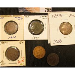 1865 G, 1874 G+, 1891 VF, 1892 Fine, 1893 F-VF, & 1899 Fine Indian Head Cents.