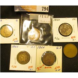 1859, 1860, 62, 64 Bronze, & 1865 Indian Head Cents. Circulated; and a strange blank planchet.