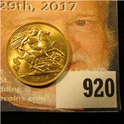 1914 Great Britain Half Gold Sovereign, Gem BU.