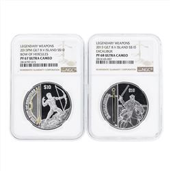 Set of (2) 2013 Gilt British Virgin Island $10 Legendary Weapons Silver Coins NG