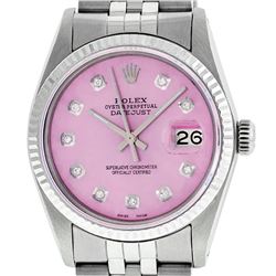 Mens Rolex 36mm Stainless Steel Ice Pink Diamond Datejust Wristwatch