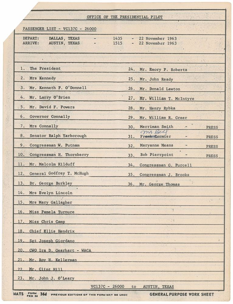 John F. Kennedy’s Air Force One Passenger Manifest