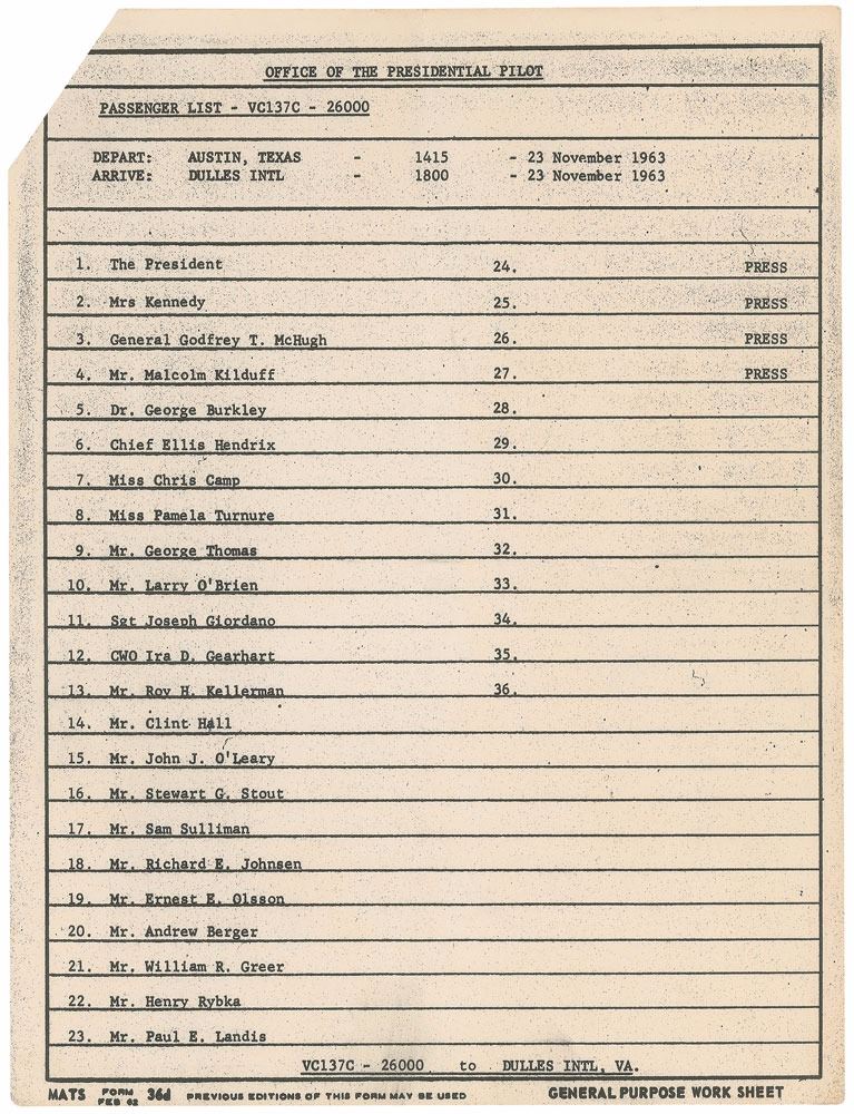 John F. Kennedy’s Air Force One Passenger Manifest