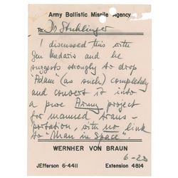 Wenher von Braun 1958 Handwritten Note