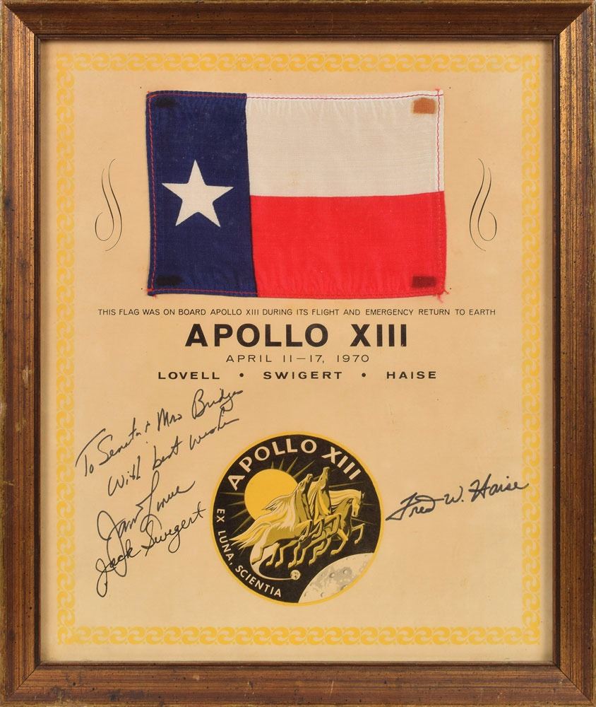 Apollo 13 Flown Texas Flag Signed By Lovell And Swigert - 