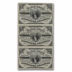 Crisp Uncirculated. Sheet 3 Notes 1863 3rd Issue Fractional Currency 3 Cents CU (FR#1226)