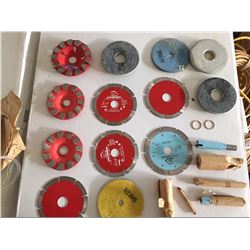 LOT OF DIAMOND STONE CUTTING BLADES AND POLISHING WHEELS