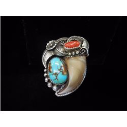 sz13 - Turquoise and Coral Bearclaw Ring