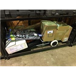 SHELF LOT OF ART SUPPLIES, ROLLING CART, SHOWER BAR, HANGING FOLDER FRAME, VASES, STICKY NOTES,