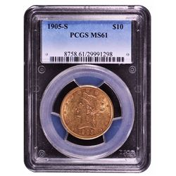 1905-S $10 Liberty Head Eagle Gold Coin PCGS MS61