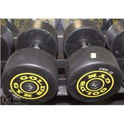 PAIR OF GOLDS GYM BRANDED DUMBBELLS  - 75 LBS EA