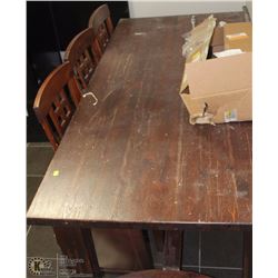 LARGE WOOD TABLE WITH 4 WOOD CHAIRS, FABRIC