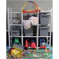 KIDS ROOM-WHITE TUBULAR SHELF WITH CONTENTS